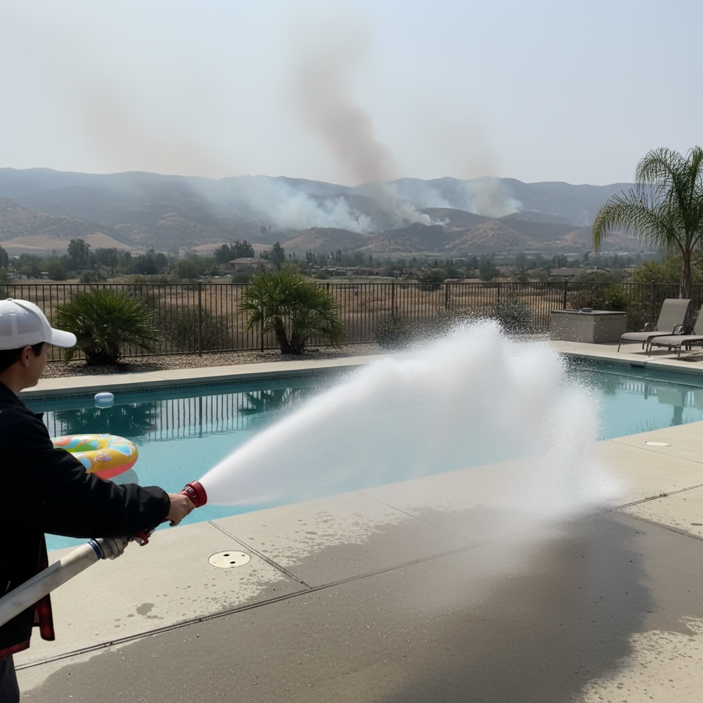 image shows a person using a fire hose to spray water