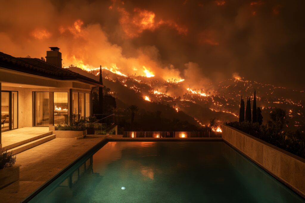 Wildfire preparedness articles image showing a wildfire threatening a California home at night.